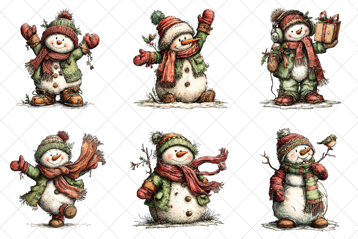 Whimsical Christmas Snowman Clipart, an Illustration by SinaCreation (Photo 3 of 6)