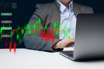 a woman sits at a laptop and works. Various graphs with growing, a Business Photo by ndanko