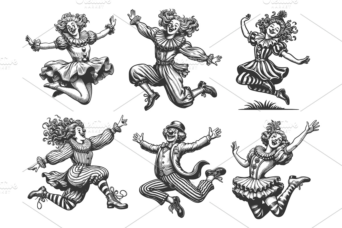 Jumping Circus Clowns set vector, a Person Illustration by AlexArt