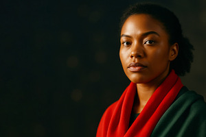 African American woman wrapped in re, a Photo by Dvoevnore photos
