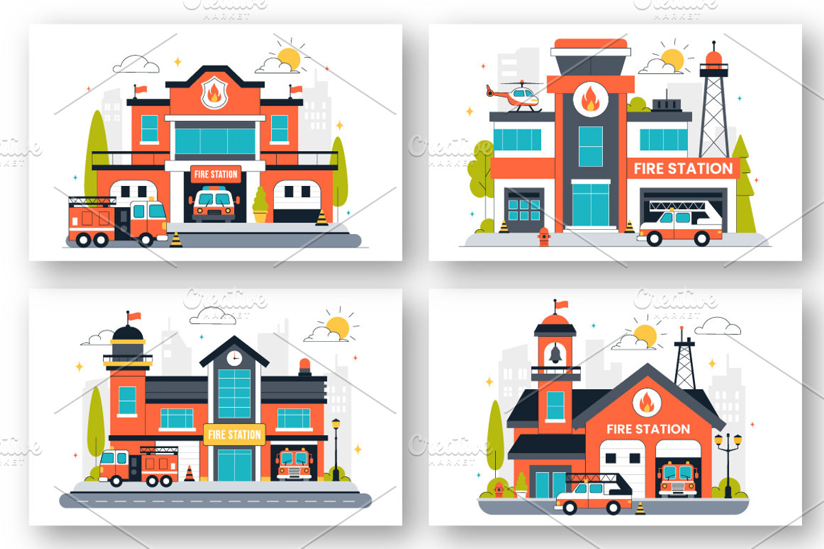 10 Fire Station Building Illustratio, a Transportation Illustration by denayunebgt (Photo 3 of 4)