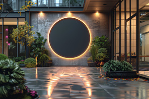 Modern Courtyard with Illuminated Round Signboard and Lush Greenery, a Photo by AS photostudio