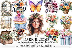 Watercolor Dark Blooms Clipart, an Illustration by Designking