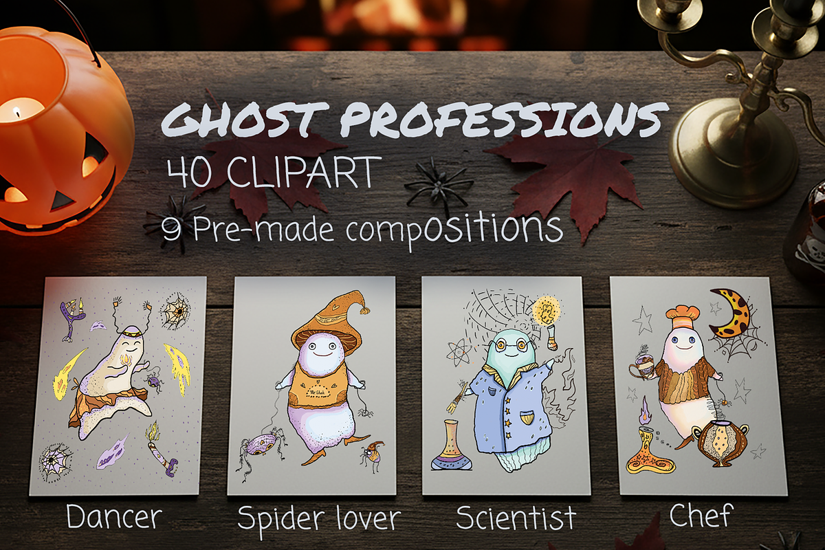 spooky cute ghost Halloween clipart, a Seasonal Illustration by FaliushViktoriaArtist (Photo 1 of 14)