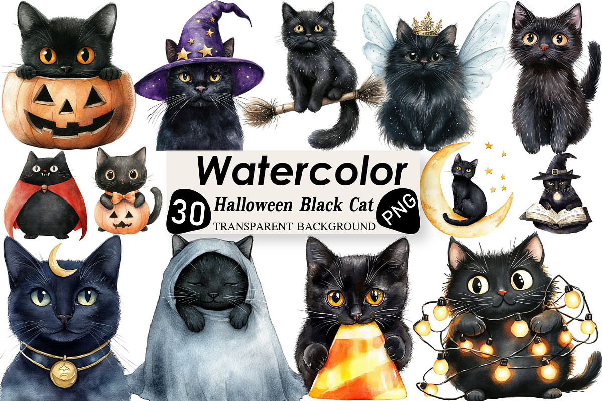 Halloween Black Cat Clipart, an Illustration by Black Bird Studio (Photo 1 of 6)