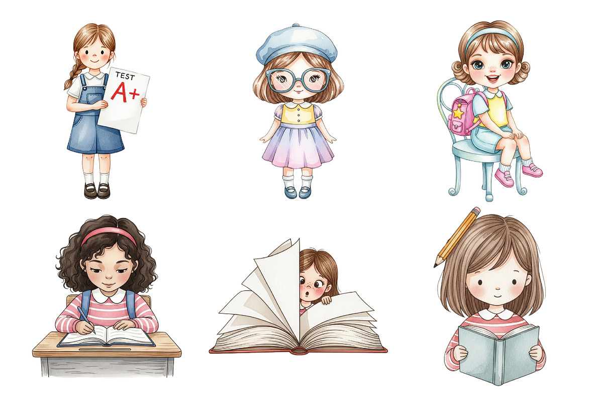 Watercolor Cute Girl Back to School, an Illustration by Daily.Designs (Photo 2 of 5)