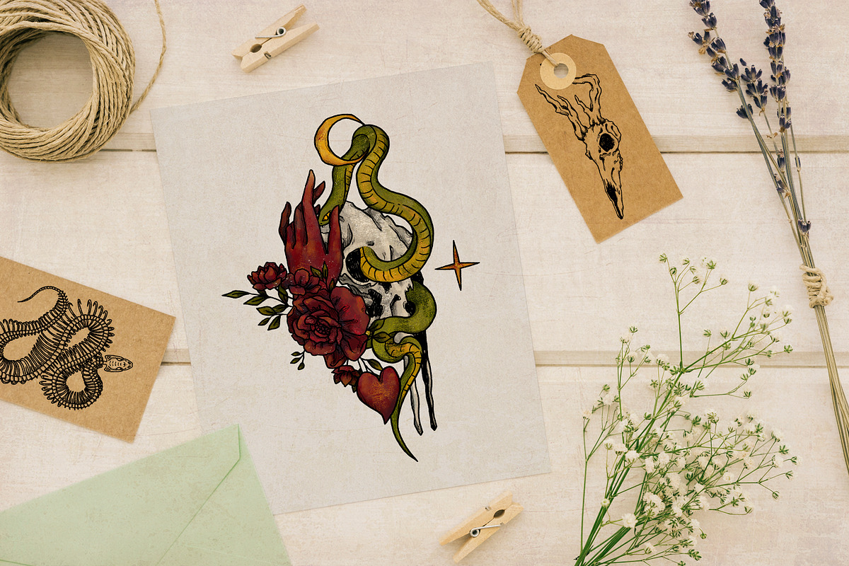Skulls, Flowers and Snakes | Vintage, a Decorative Illustration by Ink Stories (Photo 4 of 12)