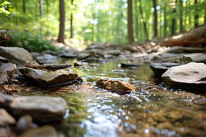 Clear forest stream flowing over smooth stones under bright sunlight in a seren, a Photo by AlyaAnd