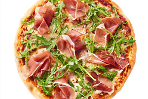 Traditional Italian pizza with prosciutto, arugula, and mozzarel, a Photo by Studio ANNA