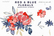 Red Blue Watercolor Floral Clipart, an Illustration by Essem Creatives (Thumbnail 2 of 3)