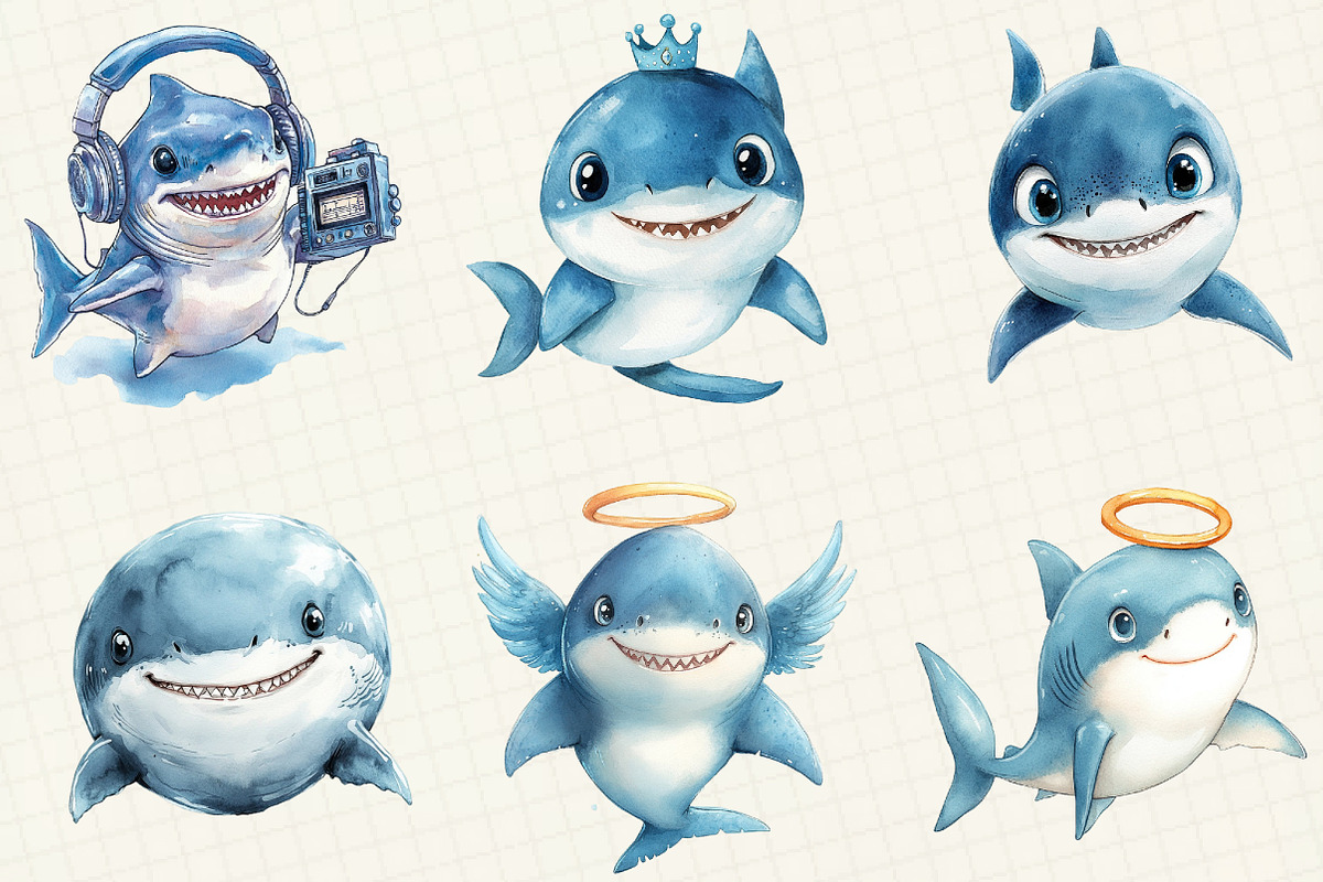 Watercolor Cute Sharks Clipart, an Illustration by OK Design (Photo 4 of 5)