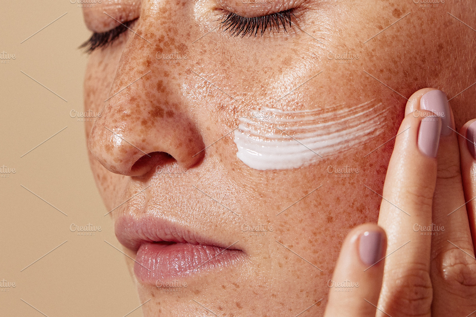 High detailed freckled womens face, a Person Photo by Artem Varnitsin