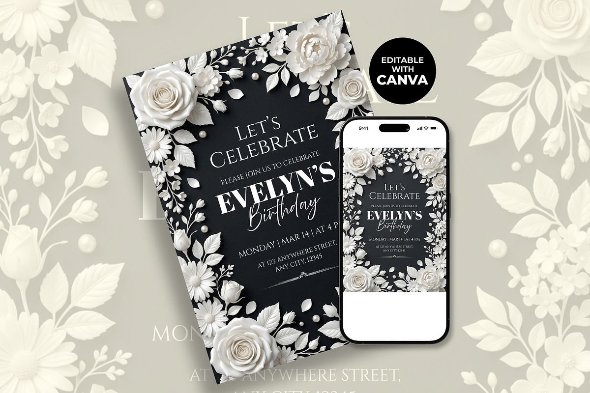 Black White Floral Birthday Invitat, an Invitation Template by M9 Design (Photo 2 of 4)