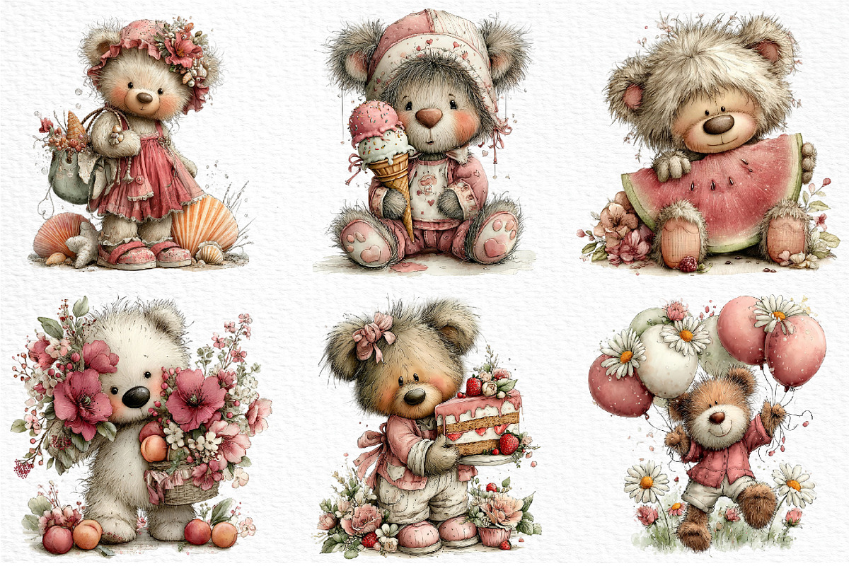 Whimsical Summer Teddy Bear Clipart, an Illustration by Craft Nest (Photo 4 of 12)