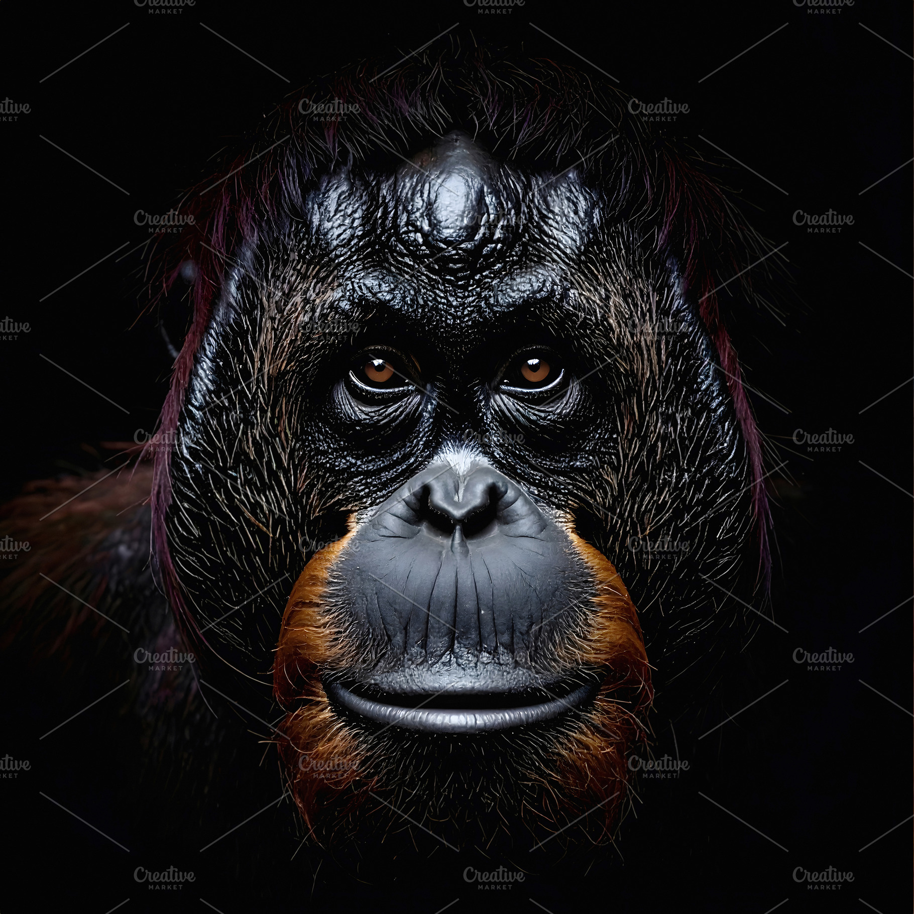 Male orangutan with dark shiny face and intense eyes, an Animal Photo by GoodGoods