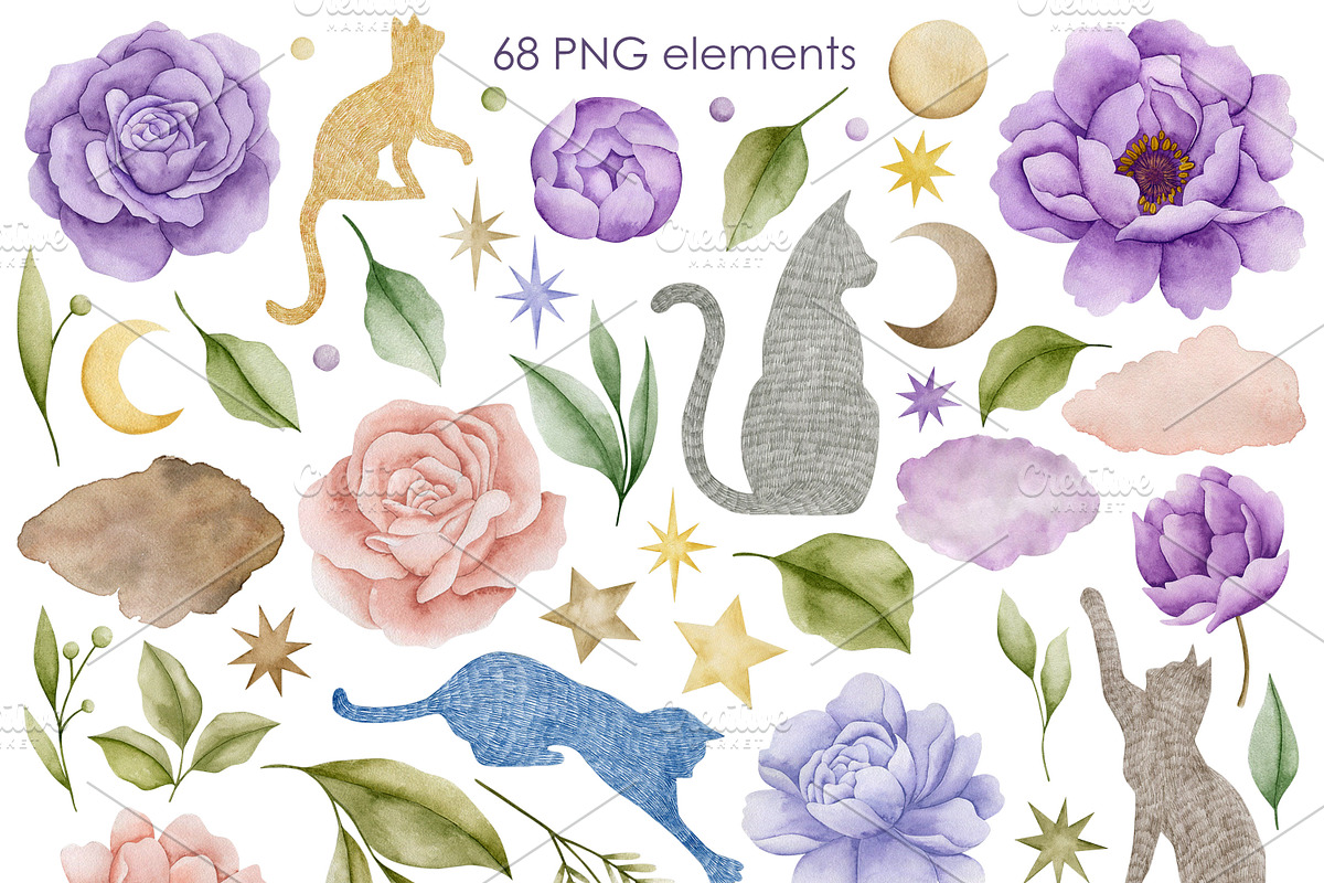 Watercolor Flowers & Cats collection, an Animal Illustration by Kira Konoshenko (Photo 2 of 20)