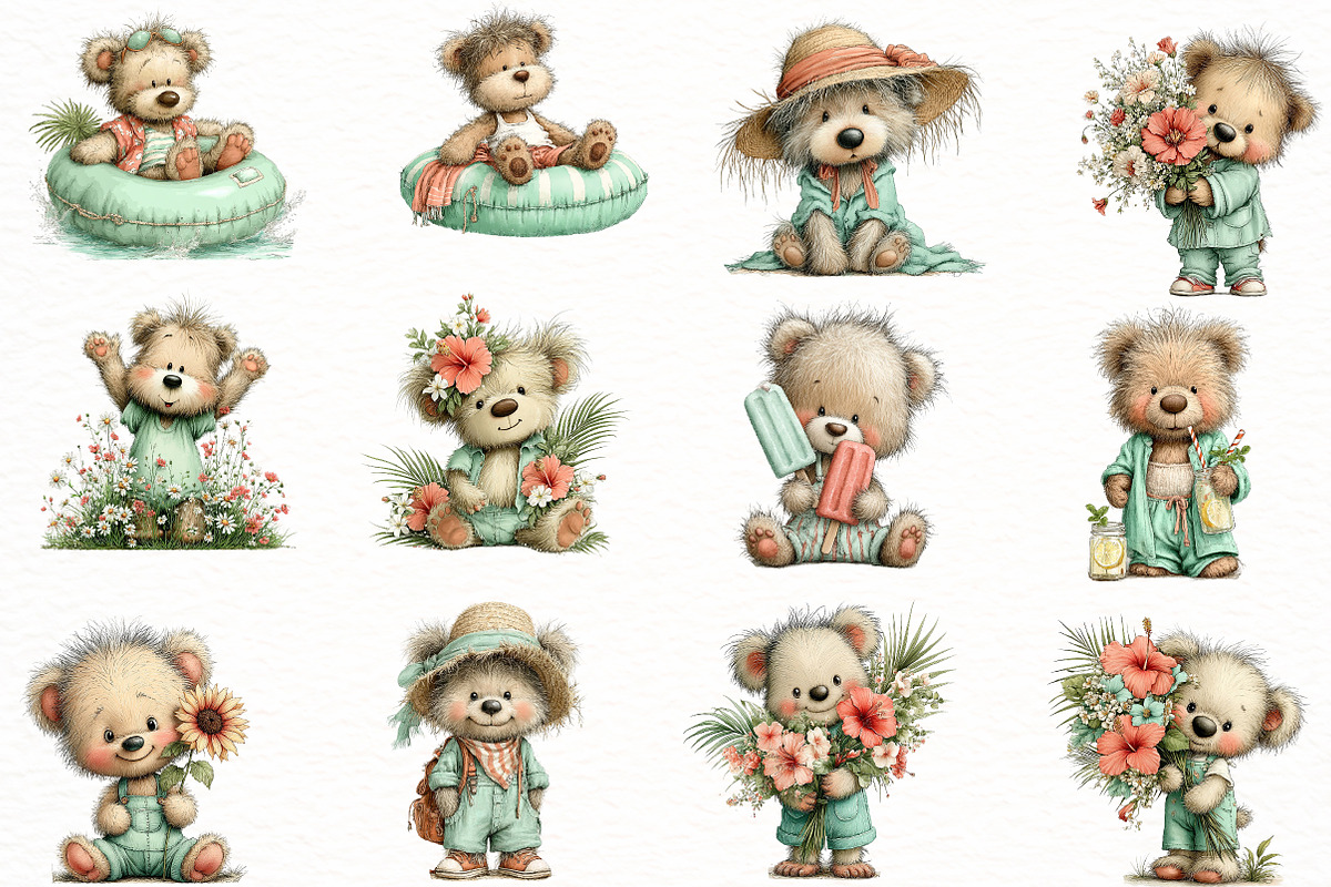Whimsical Summer bear Clipart, an Illustration by Designworld (Photo 2 of 8)