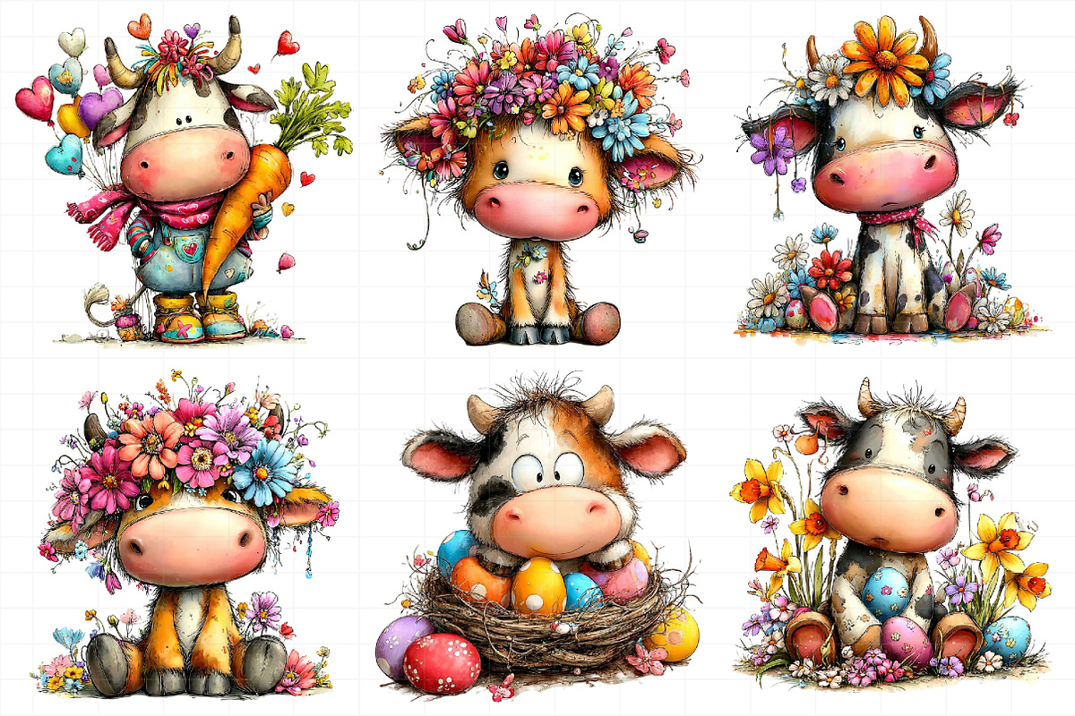 Watercolor Easter Funny Cow Clipart, an Illustration by Daily.Designs (Photo 3 of 7)