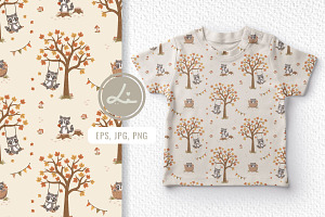 Seamless Pattern with Cute Racoon, a Pattern Graphic by lindoet23