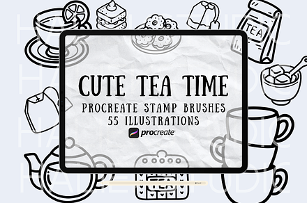 Cute Tea Time Procreate Stamps Brush, a Brushes & More by HalieKStudio