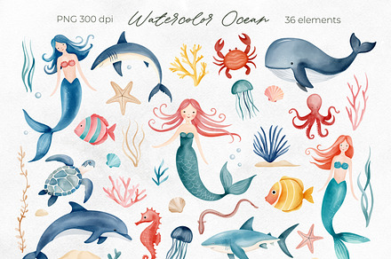 Watercolor Ocean Clipart. Sea Life