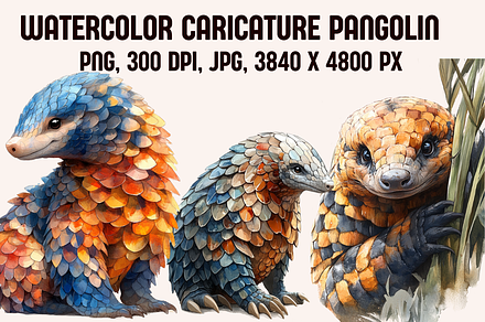 Watercolor Caricature Pangolins, an Animal Illustration by PrintHaven Designs