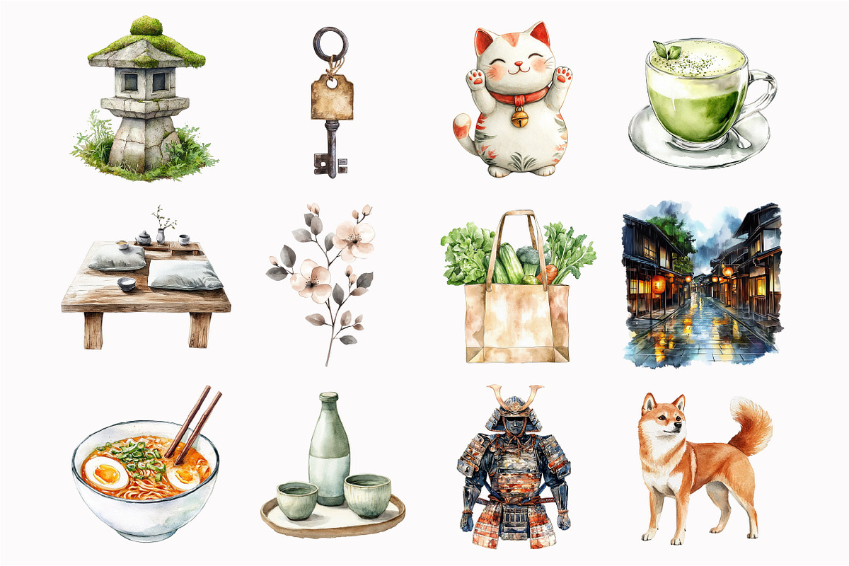Watercolor Rainy Kyoto Clipart, an Illustration by Design Market (Photo 2 of 5)