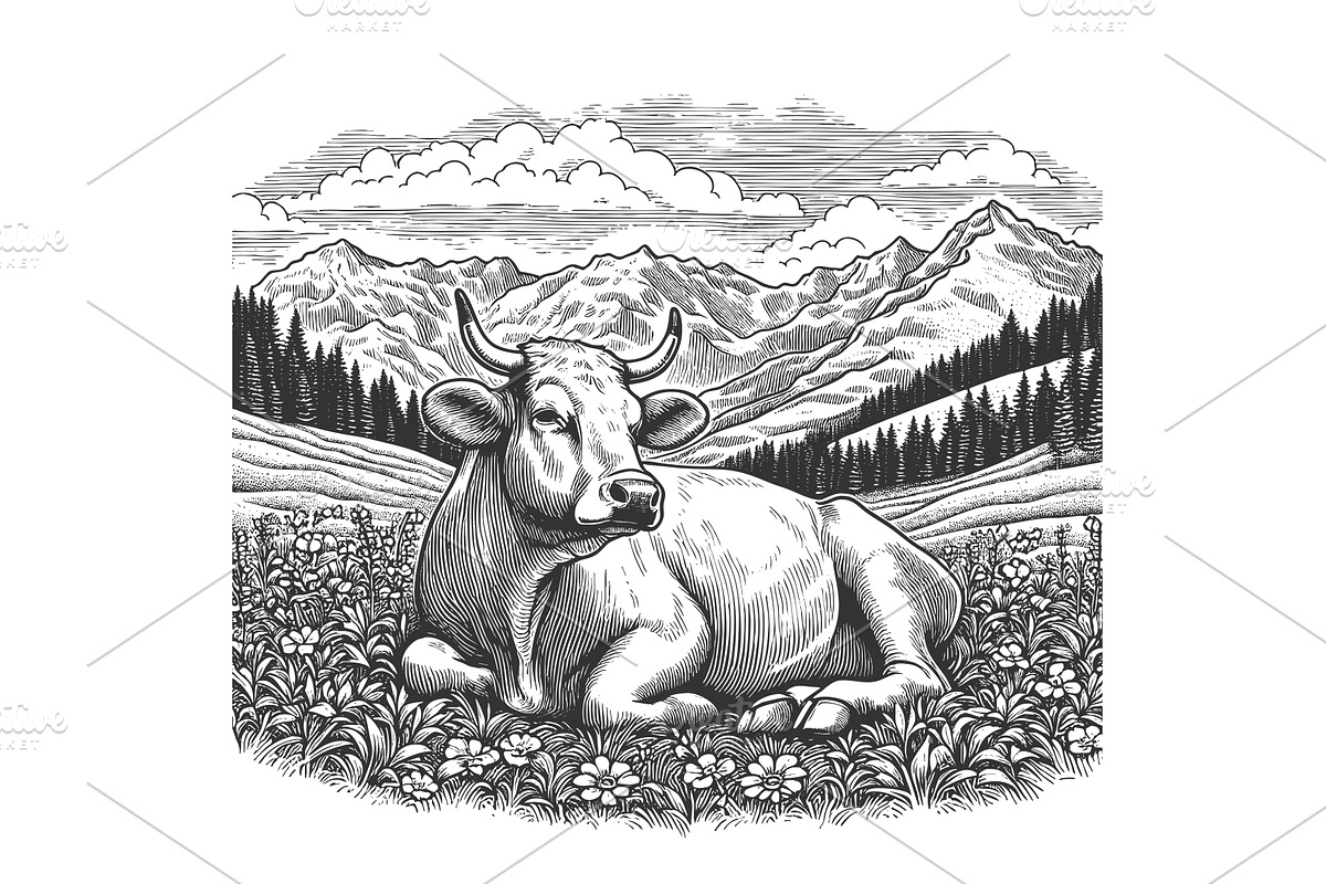 Cow Resting in Alpine Pasture, an Animal Illustration by AlexArt