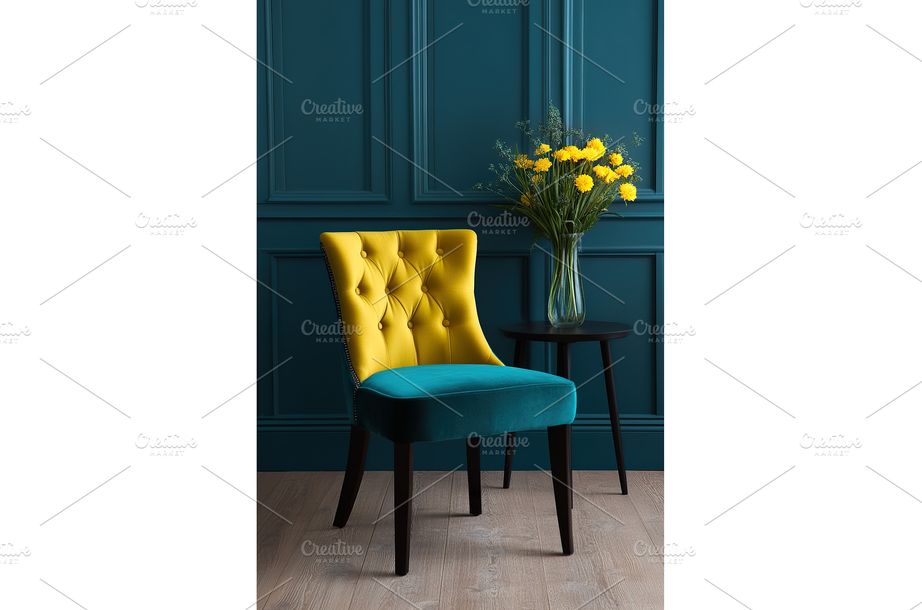 Elegant yellow and teal chair with, an Architecture Photo by Lermont51