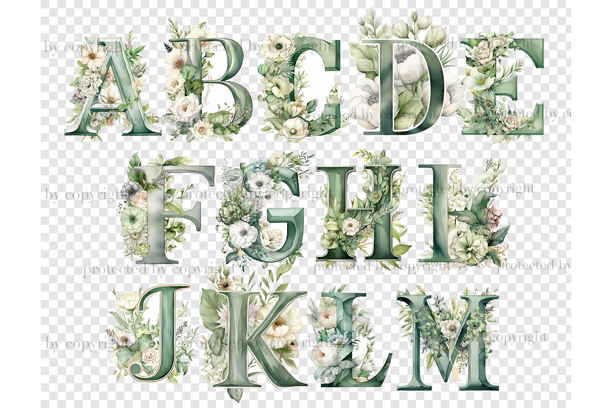 Greenery Alphabet Lettering Clipart, an Education Illustration by GlamArtZhanna (Photo 5 of 7)