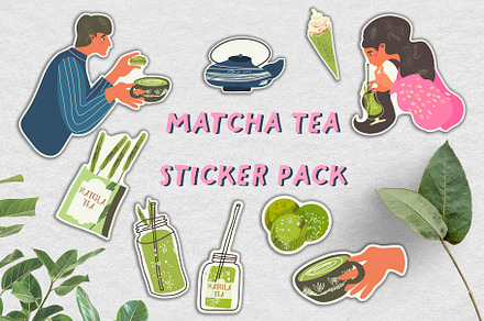 Matcha Tea sticker pack vector set