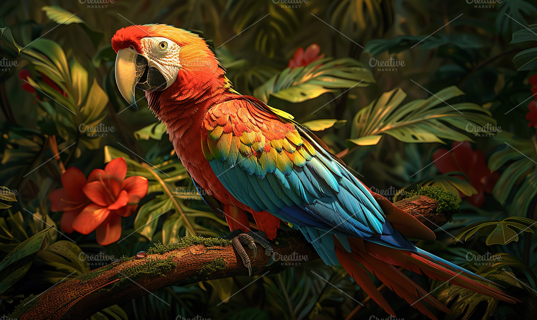 A colorful macaw on a branch amid be, a Photo by LOGOCREATIVE