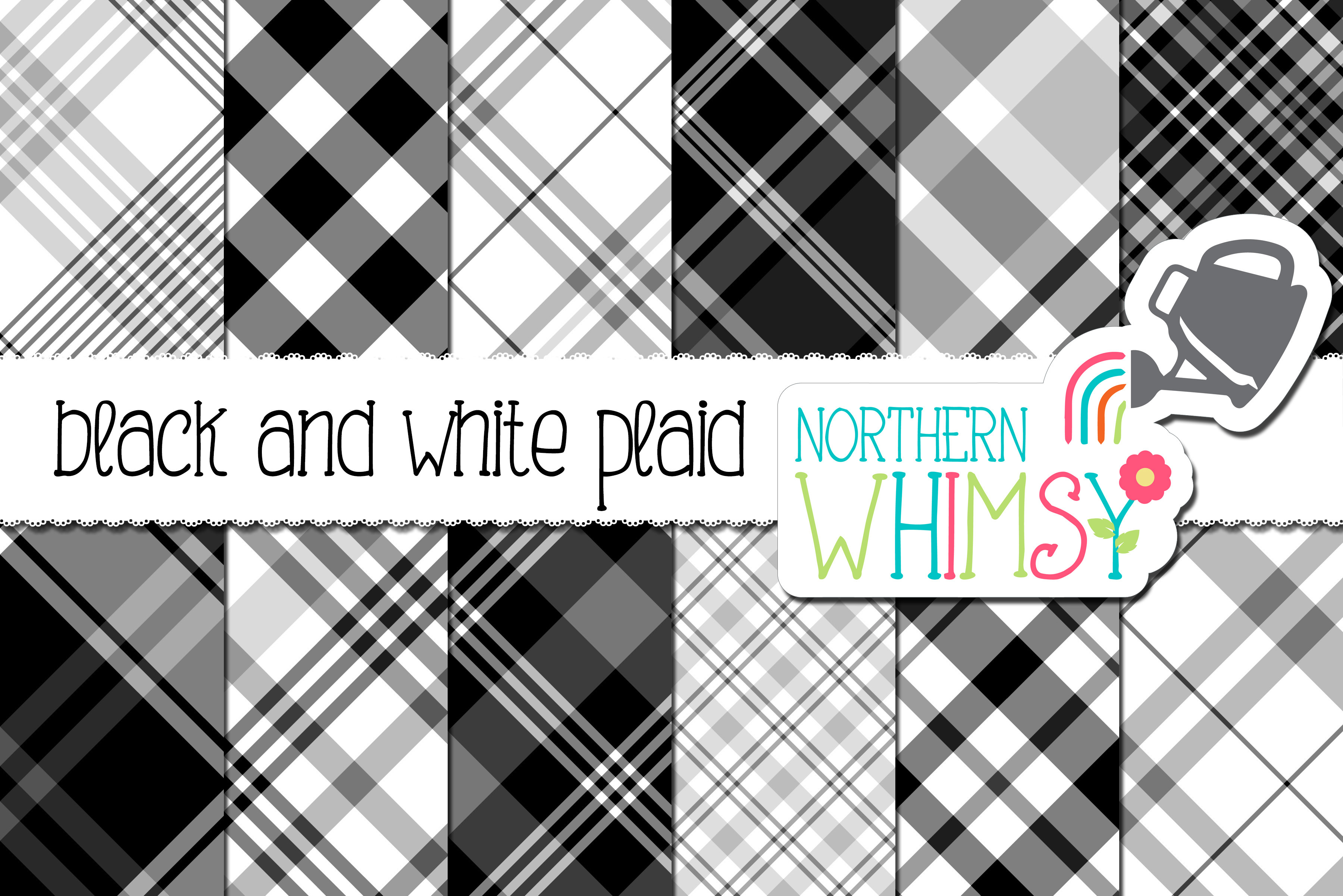 Black & White Diagonal Plaid, a Pattern Graphic by Northern Whimsy Design