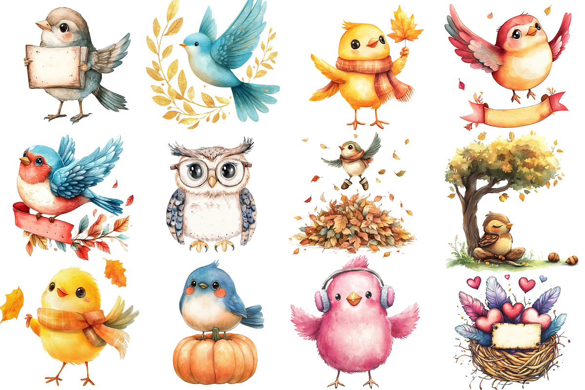 Positive Whimsical Fall Birds Clipar, an Illustration by Watercolor design (Photo 2 of 5)