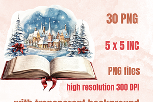 Watercolor Christmas Books Clipart