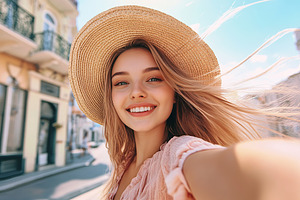 Young woman takes cheerful selfie wearing a straw hat in city street during sun, a Person Photo by AlyaAnd