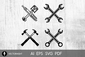 Set Of Crossed Saws, Hammers, Piston