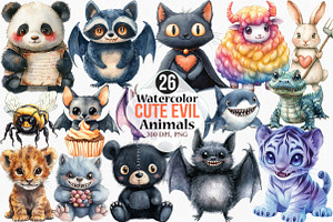 Watercolor Cute Evil Animals Clipart, an Illustration by Canvas Craft