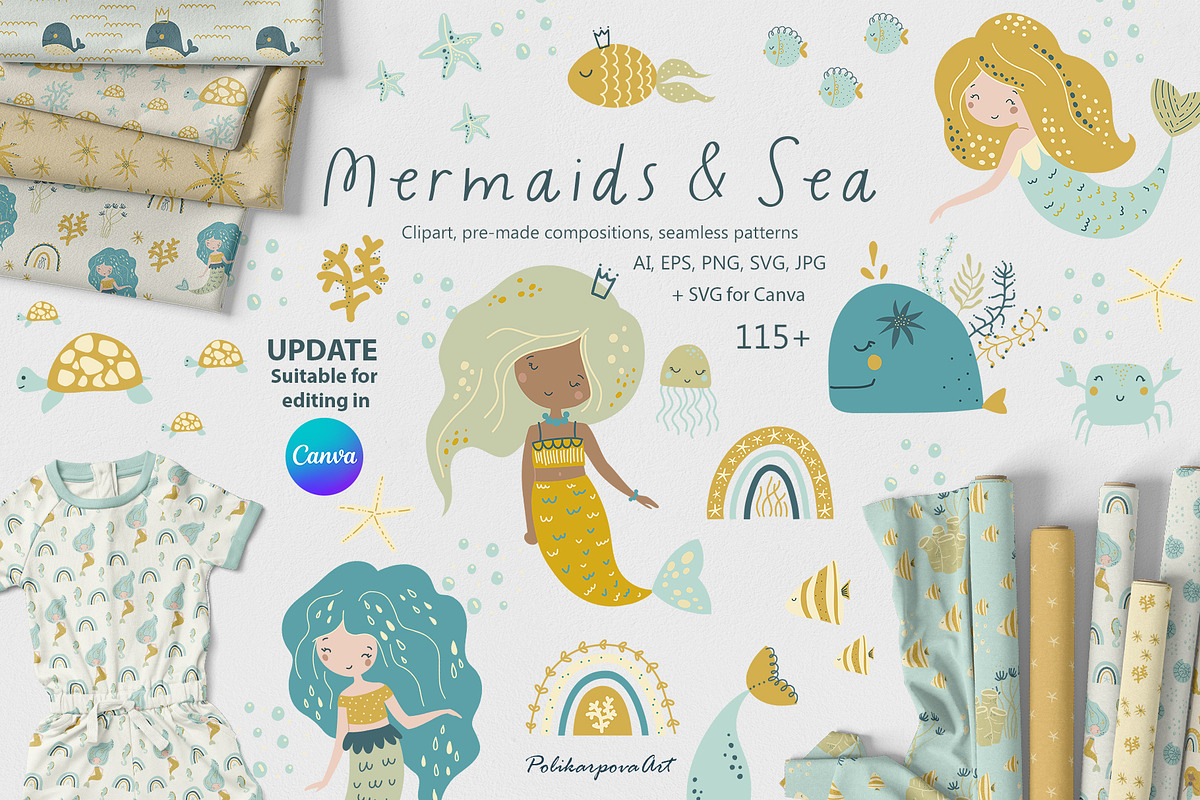 Mermaids and Sea animals collection, an Animal Illustration by polikarpovaart (Photo 1 of 11)