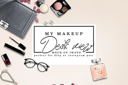 Luxury brand makeup desk post mockup stock photo containing chanel and stock, a Beauty & Fashion Photo by Whimsical Logoshop