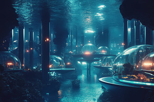 A futuristic underwater city with glass domes, illuminated by soft blue lights., an Arts & Entertainment Photo by Textures & Backgrounds