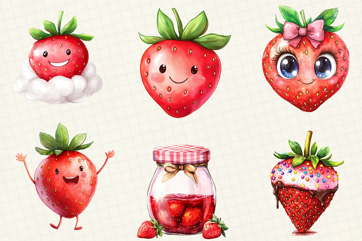 Watercolor Cute Strawberry Clipart, an Illustration by OK Design (Photo 3 of 5)