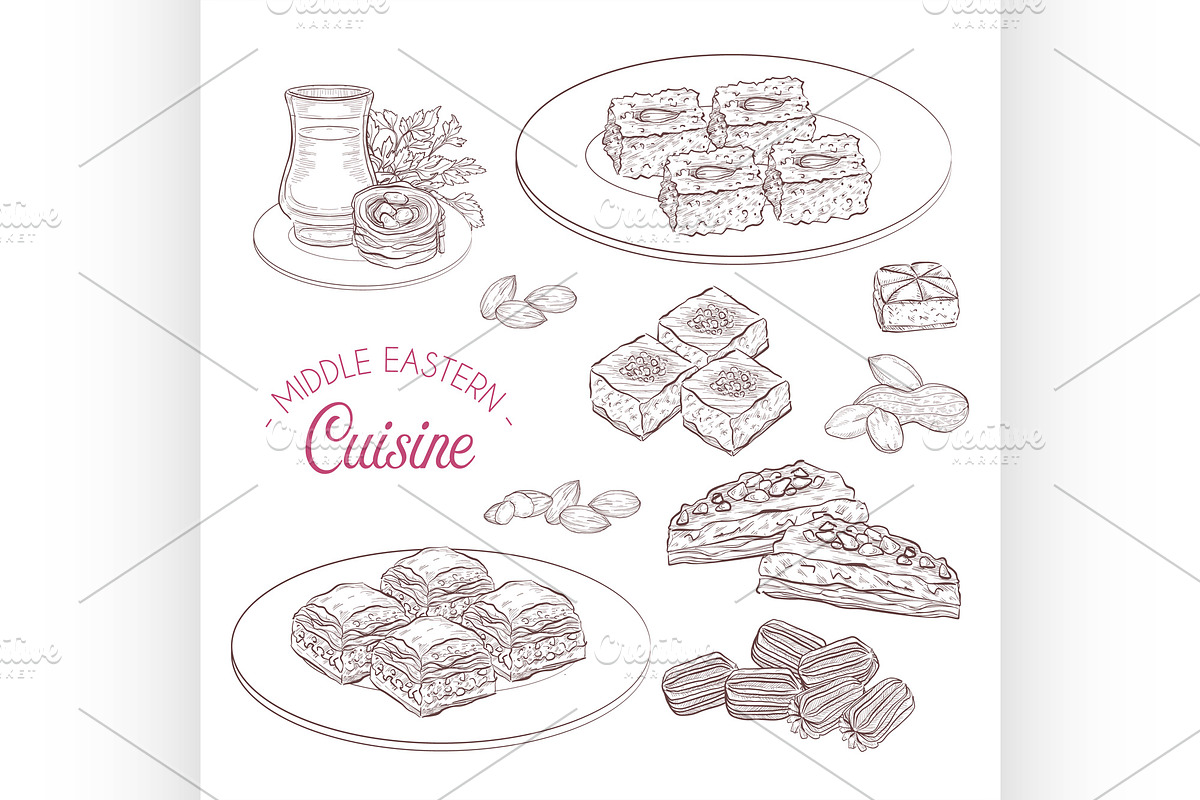 Arabic Food. Middle Eastern sweets a, a Food Illustration by Netkoff