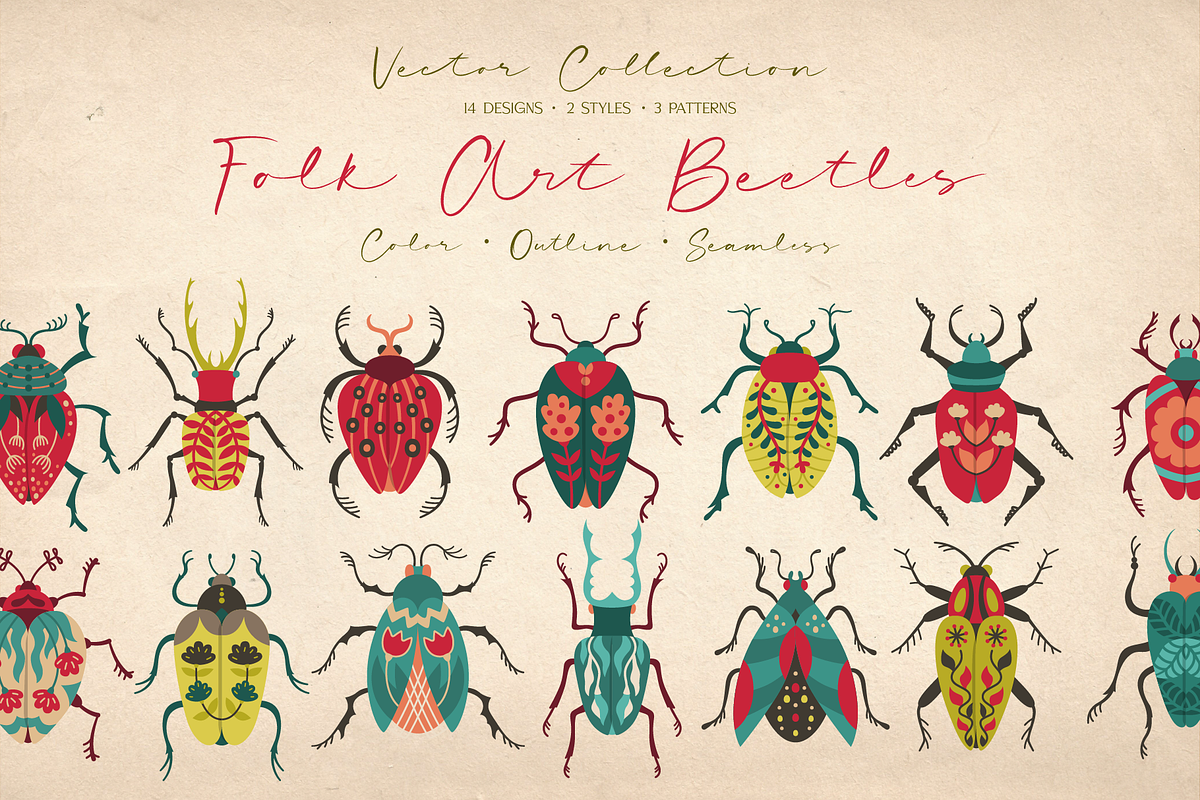 Folk Art Beetles Vector Collection, a Decorative Illustration by Neliakott ♥ (Photo 1 of 12)