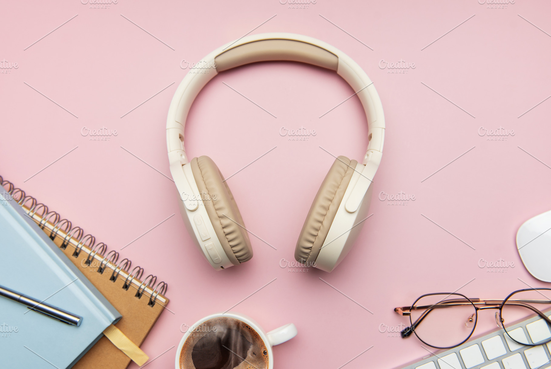 Wireless headphones, coffee, keyboard, eyeglasses, and notebook, a Technology Photo by Olena Rudo
