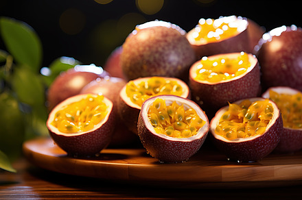 Fresh passion fruits on a wooden platter. Some fruits are whole, while others a, a Food & Drink Photo by Textures & Backgrounds