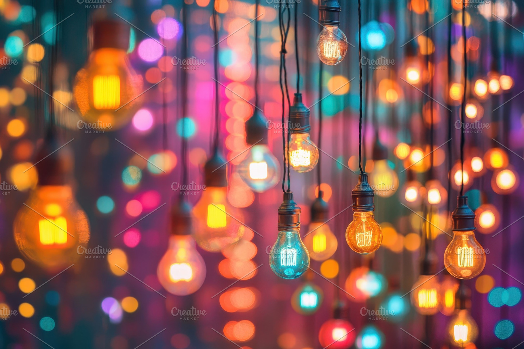 Colorful string lights hang above an, a Photo by Tanuart