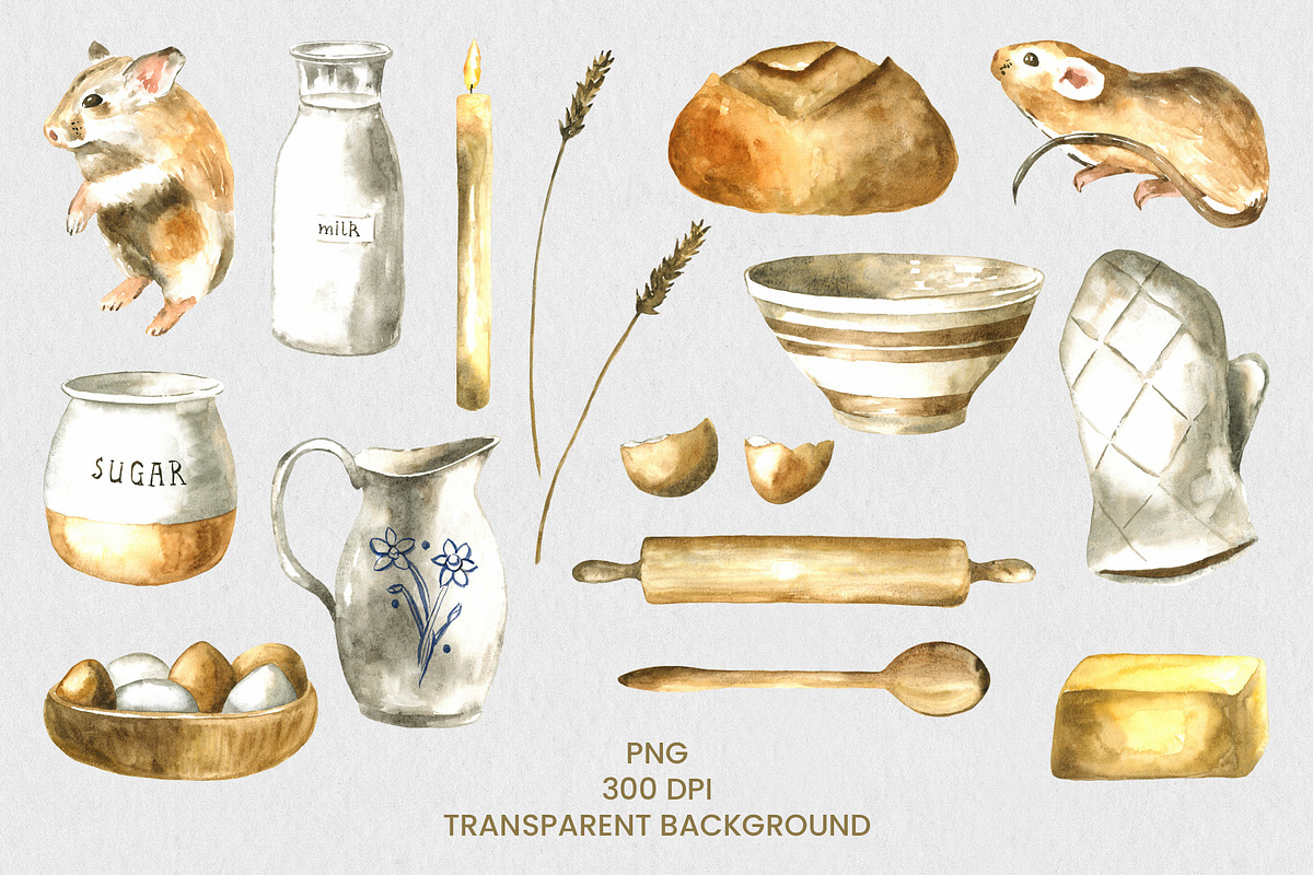 Kitchen Mouse Watercolor Clipart Set, an Animal Illustration by foxsong (Photo 4 of 13)