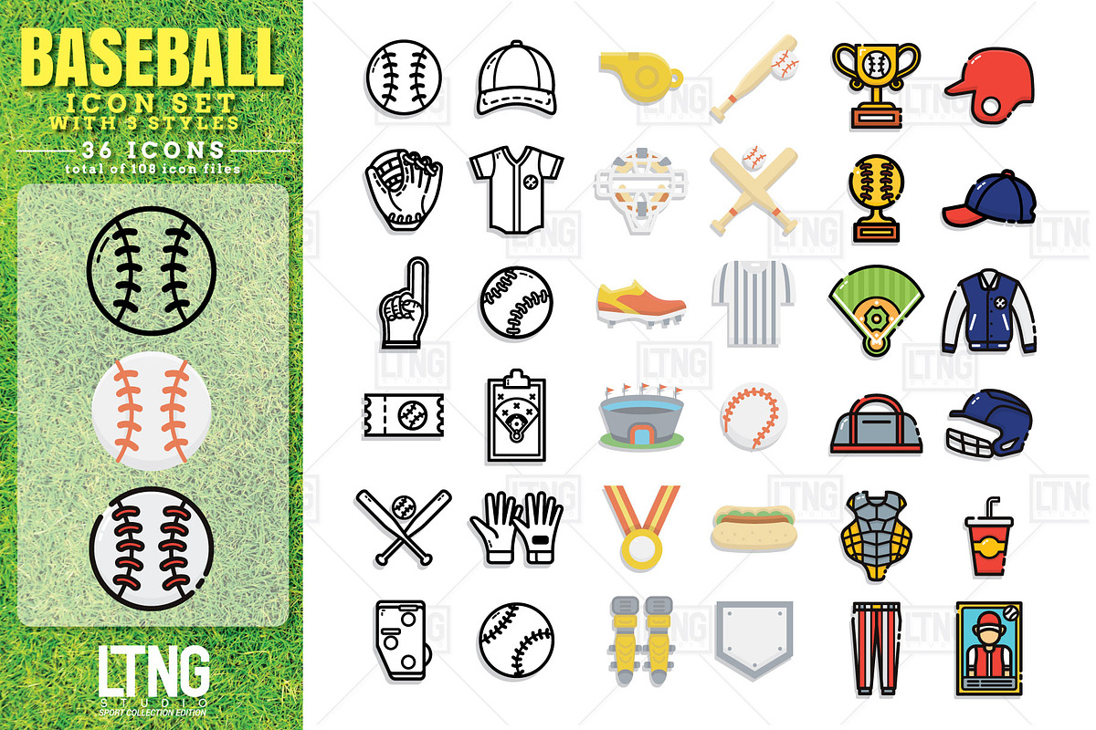 Baseball icon set with 3 styles, an Outline Icon by LTNG STUDIO (Photo 1 of 6)