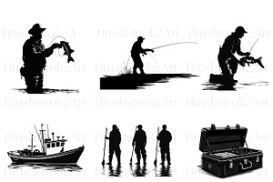 Fishing Silhouette Clipart, Line Art